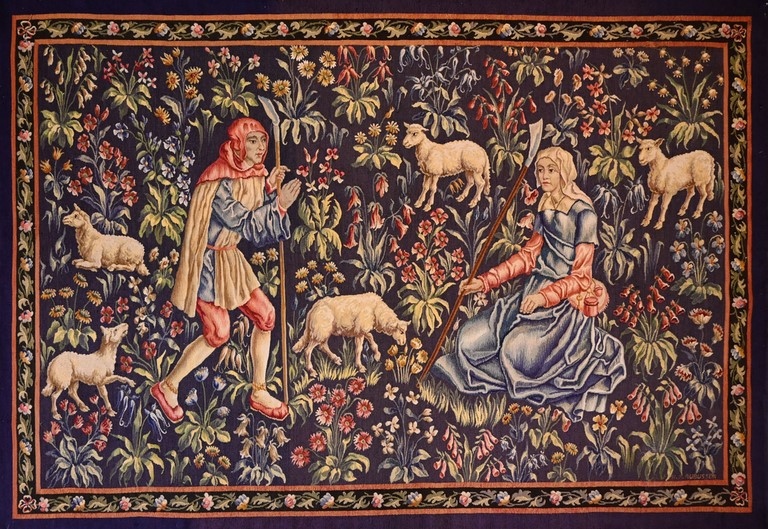 Tapisserie Aubusson signé 19e siecle - Un couple de berger et leur troupeau de moutons 