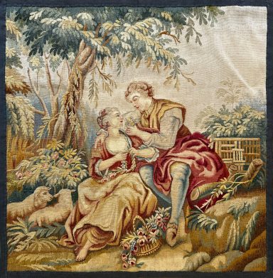 Scene Pastorale, amour, Tapisserie Aubusson Ancienne